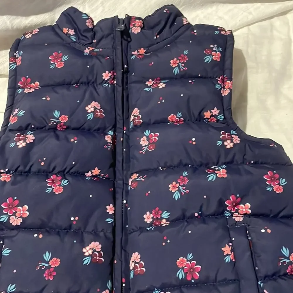 Gymboree S 5/6 navy blue pink floral puffer vest pockets fleece lined euc